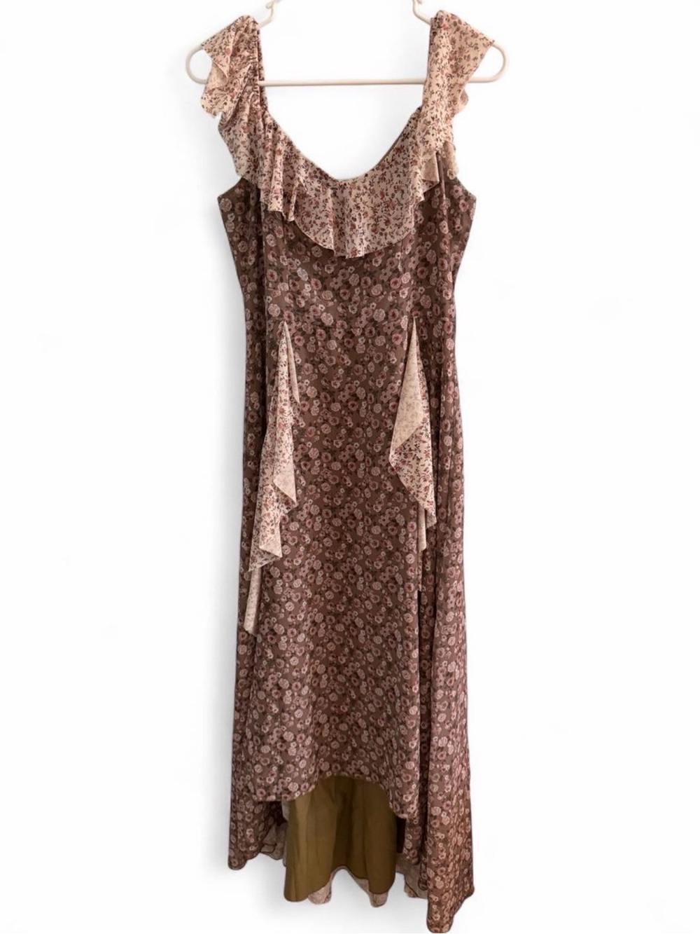 Brown Floral Ruffle Maxi Dress with Tiered Accents
